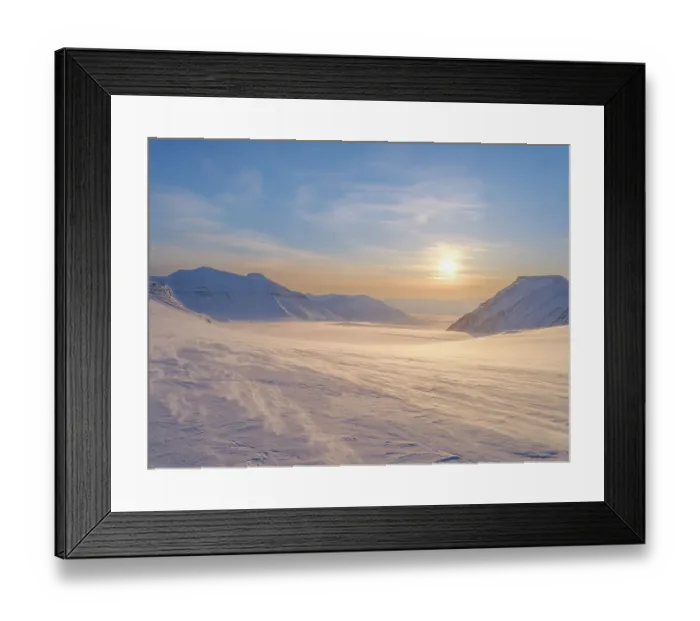 Framed Print : Glacier Nordenskioldbreen and Billefjorden. Winter landscape on the island Spitsbergen in the Svalbard Archipelago. Scandinavia, Norway