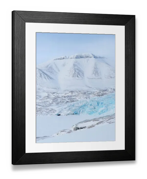 Framed Print : Glacier Nordenskioldbreen and frozen Adolfbukta. Winter landscape on the island Spitsbergen in the Svalbard Archipelago. Scandinavia, Norway