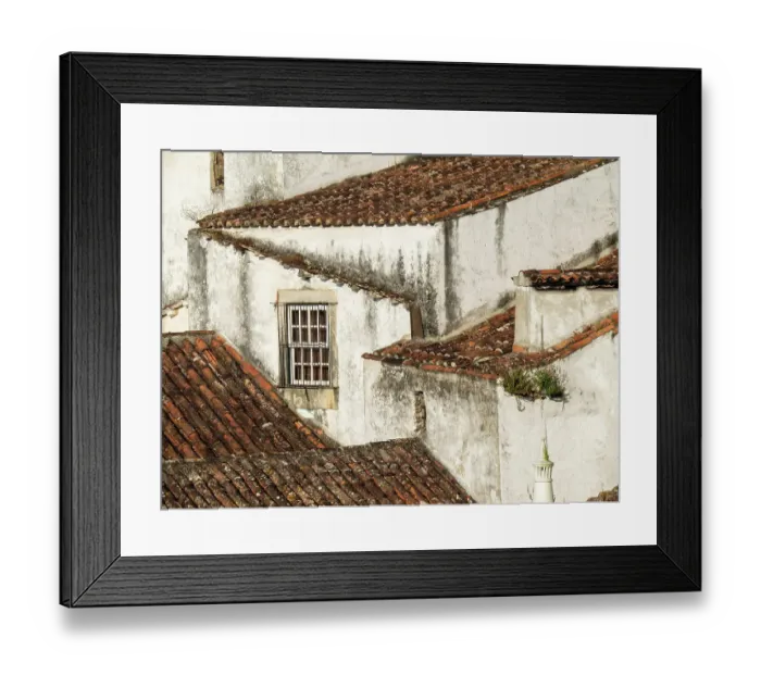 Framed Print : Portugal, Obidos. Elevated view of the town of Obidos with the terracotta tiled rooftops
