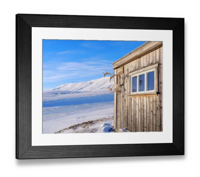 Framed Print : Huts called Semmelbu. Valley Semmeldalen during winter, Van Mijenfjorden National Park, on the island of Spitsbergen in the Svalbard Archipelago. Arctic, Norway