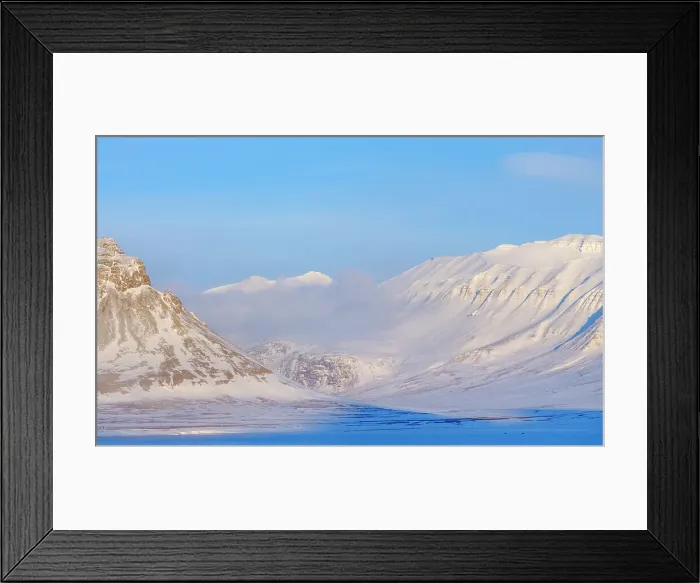 Framed Print : Landscape in fjord Billefjorden. Winter landscape on the island Spitsbergen in the Svalbard Archipelago. Scandinavia, Norway