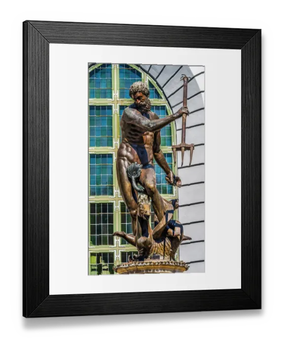 Framed Print : Colorful Neptune Fountain, Gdansk, Poland. Statue built in 1633 renovated 1954. City formerly known as Danzig, square established 1331