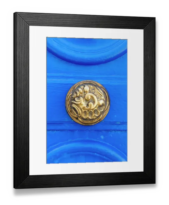 Framed Print : Tunis, Tunisia. Brass door knob on a blue door on a house near the Tunis Souk