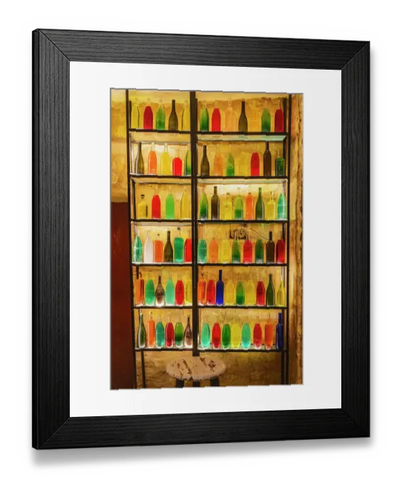 Framed Print : Tataouine, Tunisia. A rack of bottles filled with colored water Framed Print : Tataouine, Tunisia. A rack of bottles filled with colored water