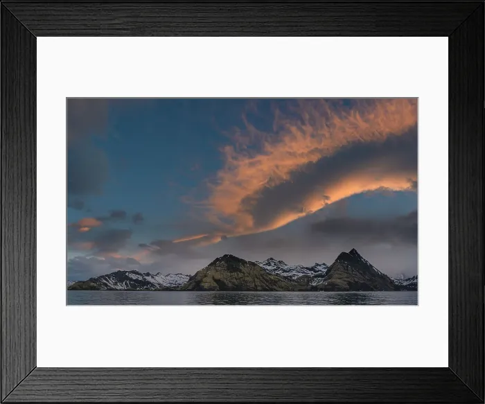 Framed Print : South Georgia Island. Landscape of snow-covered mountain with dramatic cloud