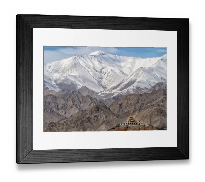 Framed Print : India, Ladakh, Leh. A small monastery is dwarfed by the mountains Framed Print : India, Ladakh, Leh. A small monastery is dwarfed by the mountains