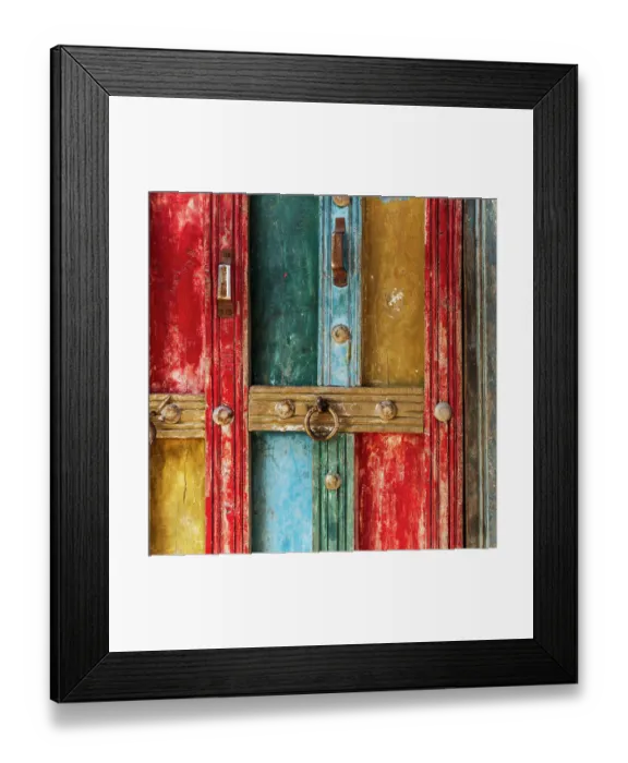 Framed Print : India, State of Gujarat, Bhuj, Meghwal. Bhirandiara. Painted door abstract
