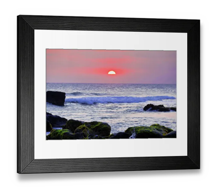 Framed Print : Sunset on the Indian Ocean with lava rock islets in the foreground