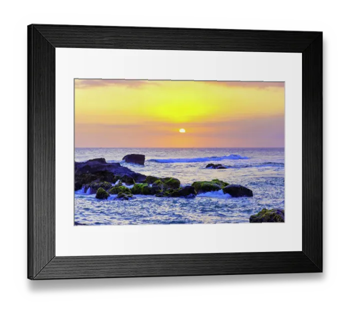 Framed Print : Sunset on the Indian Ocean with lava rock islets in the foreground Framed Print : Sunset on the Indian Ocean with lava rock islets in the foreground