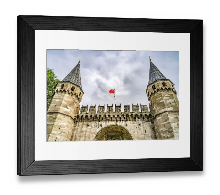 Framed Print : Colorful gate Topkapi Palace, Sultanahmet Square, Istanbul, Turkey. From 1460 to 1856 Topkapi Palace was administrative center of Ottoman Empire. Decorations on Gate are verses from the Koran