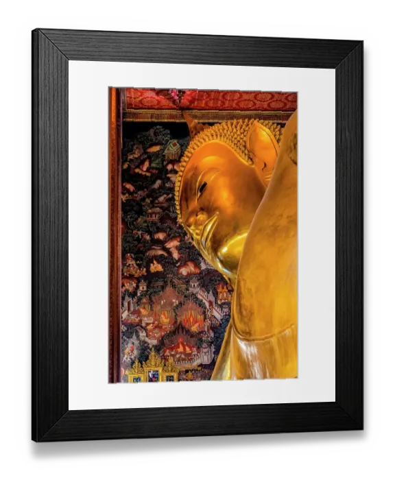 Framed Print : Colorful Reclining Buddha head, Wat Pho Temple, Bangkok, Thailand. Temple built in 1600's. Reclining Buddha built in 1832