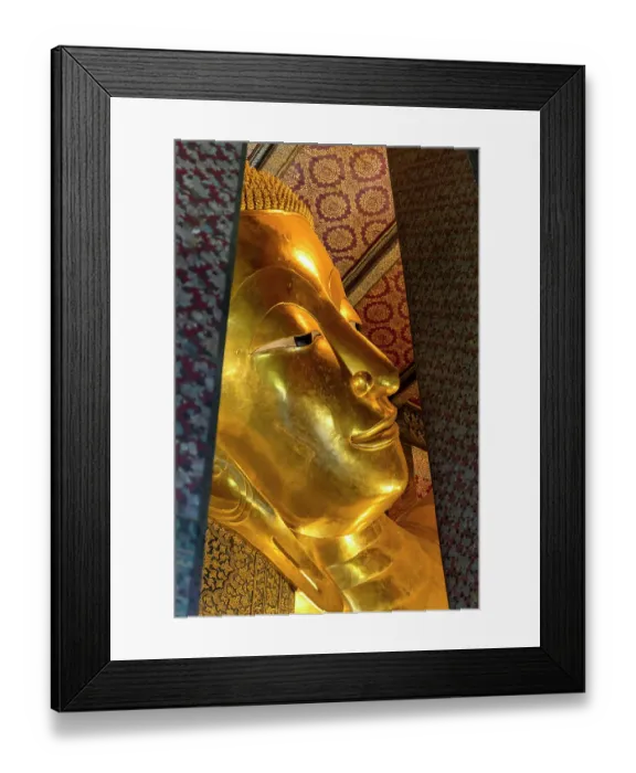 Framed Print : Colorful face Reclining Buddha, Wat Pho Temple, Bangkok, Thailand. Temple built in 1600's. Reclining Buddha built in 1832