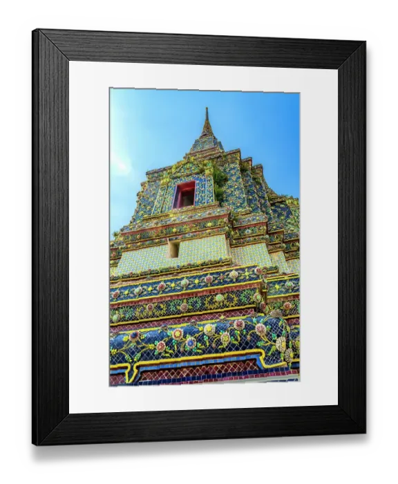 Framed Print : Colorful red door ceramic Pagoda Phra Maha Chedi, Wat Pho Temple, Bangkok, Thailand. Phra Maha Pagodas were built between 1851 to 1868 by King Rama IV Mongkut. Wat Pho is one of the oldest temples in Thailand