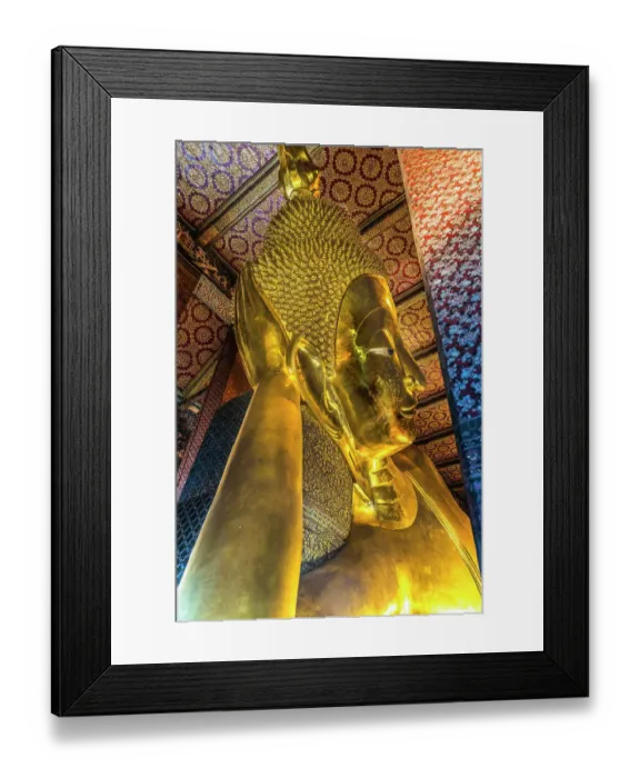 Framed Print : Colorful face Reclining Buddha, Wat Pho Temple, Bangkok, Thailand. Temple built in 1600's. Reclining Buddha built in 1832
