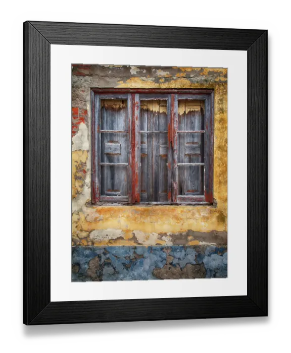 Framed Print : Portugal, Costa Nova. Very old wooden window with shutters on a colorful wall of peeling paint