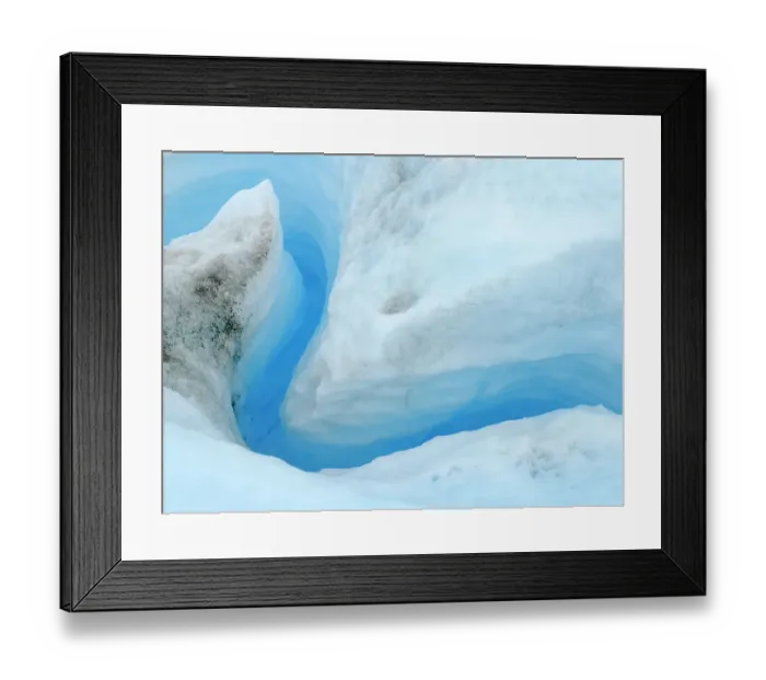 Framed Print : Drainage system on the surface of the ice sheet. The brown sediment on the ice is created by the rapid melting of the ice. Landscape of Greenland near Kangerlussuaq, Kingdom of Denmark