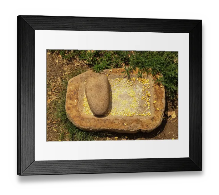 Framed Print : USA, New Mexico, Aztec Ruins National Monument. Metate stone used for grinding grain Framed Print : USA, New Mexico, Aztec Ruins National Monument. Metate stone used for grinding grain