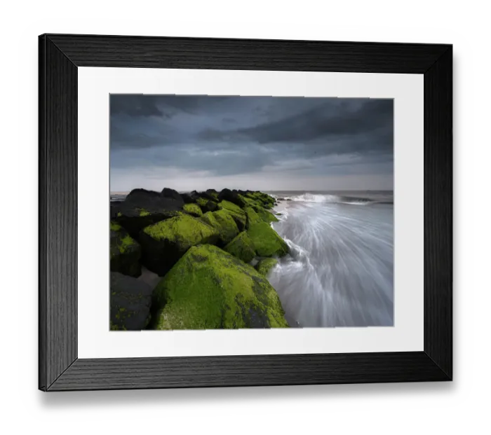 Framed Print : USA, New Jersey, Cape May National Seashore. Sunset on ocean and mossy beach rocks. ©Jay O'Brien  /  Jaynes Gallery  /  DanitaDelimont.com