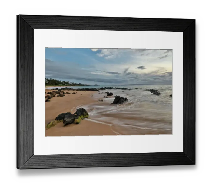Framed Print : USA, Hawaii, Maui. Keawakapu Beach and the white sands and wave movement over lava rocks evening light Framed Print : USA, Hawaii, Maui. Keawakapu Beach and the white sands and wave movement over lava rocks evening light