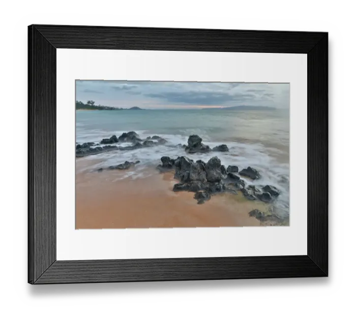 Framed Print : USA, Hawaii, Maui. Keawakapu Beach and the white sands and wave movement over lava rocks evening light Framed Print : USA, Hawaii, Maui. Keawakapu Beach and the white sands and wave movement over lava rocks evening light