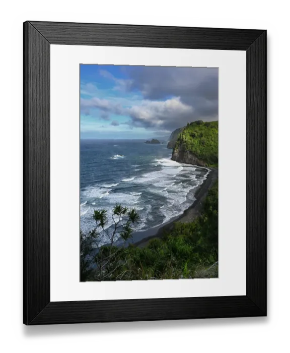 Framed Print : USA, Big Island, Hawaii. Black Sands Beach and surf from Pololu overlook