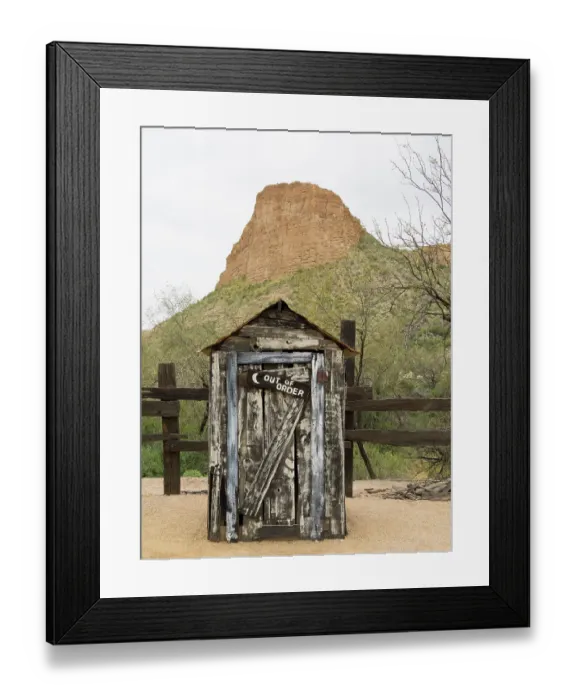 Framed Print : Arizona, Tortilla Flat. Brown's Peak with old outhouse and fence Framed Print : Arizona, Tortilla Flat. Brown's Peak with old outhouse and fence