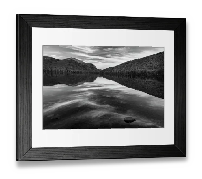 Framed Print : USA, Maine. Black and white landscape of mountains and clouds reflected in South Branch Pond, Baxter State Park Framed Print : USA, Maine. Black and white landscape of mountains and clouds reflected in South Branch Pond, Baxter State Park