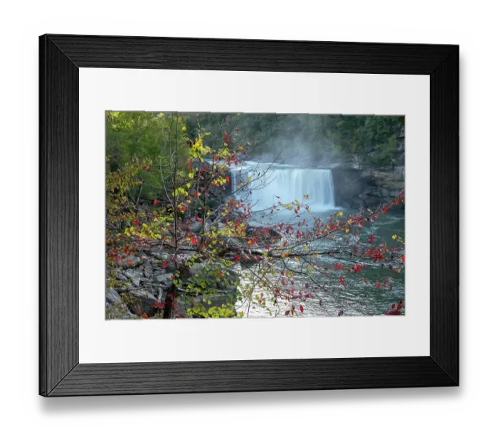 Framed Print : USA, Kentucky. Cumberland Falls behind Fall foliage