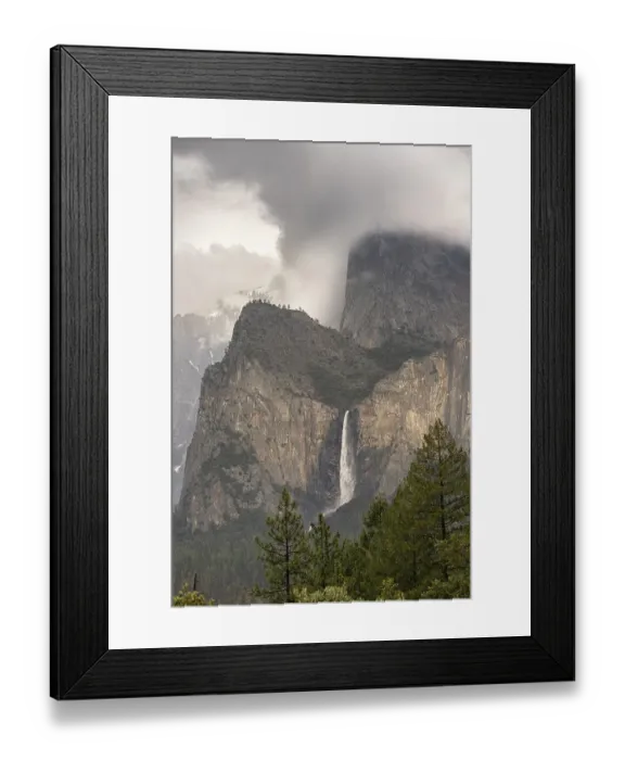 Framed Print : USA, California, Yosemite National Park. Clouds and mountain with Bridalveil Fall Framed Print : USA, California, Yosemite National Park. Clouds and mountain with Bridalveil Fall
