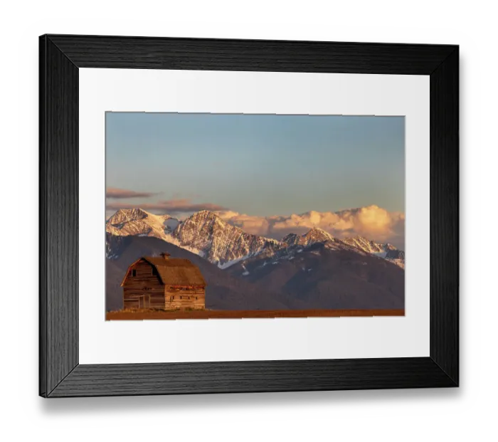 Framed Print : Old wooden barn with Mission Mountains near Pablo, Montana, USA Framed Print : Old wooden barn with Mission Mountains near Pablo, Montana, USA