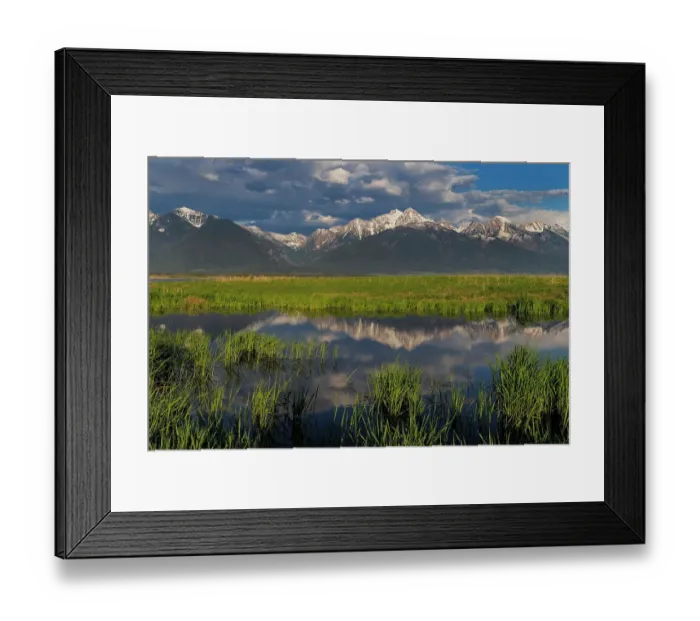 Framed Print : Wetlands pond reflects the Mission Mountains at sunset at Ninepipe National Wildlife Refuge near Ronan, Montana, USA Framed Print : Wetlands pond reflects the Mission Mountains at sunset at Ninepipe National Wildlife Refuge near Ronan, Montana, USA
