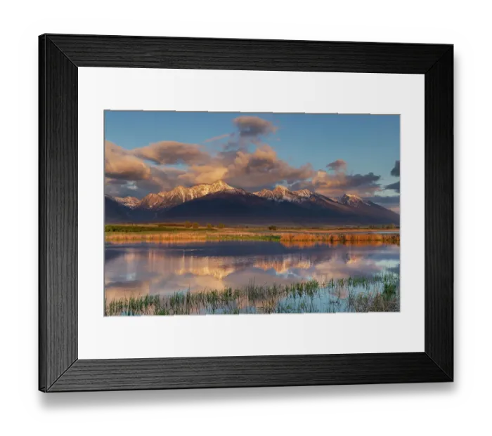 Framed Print : Wetlands pond reflects the Mission Mountains at sunset at Ninepipe National Wildlife Refuge near Ronan, Montana, USA Framed Print : Wetlands pond reflects the Mission Mountains at sunset at Ninepipe National Wildlife Refuge near Ronan, Montana, USA