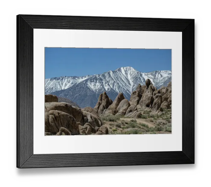 Framed Print : The snow-capped Sierra Nevada rise high above the granite of the Alabama Hills Framed Print : The snow-capped Sierra Nevada rise high above the granite of the Alabama Hills