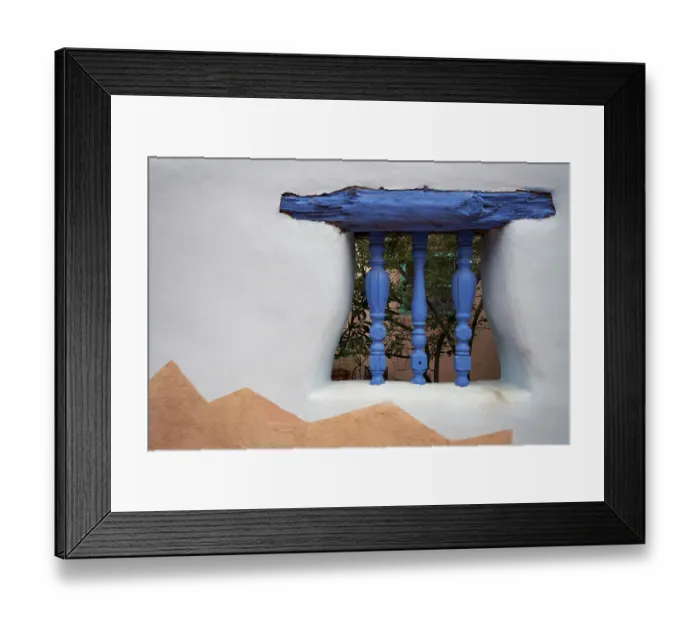 Framed Print : North America, United States, New Mexico, Albuquerque. Blue wooden lintel and carved spindles support a decorative window opening in a stucco wall