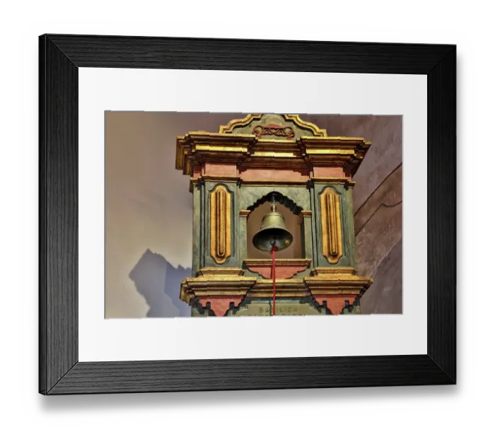Framed Print : USA, California, Carmel. Inside the grounds at the Carmel Mission Basilica Museum metal bell