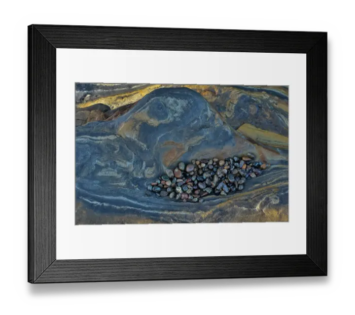 Framed Print : USA, California, Point Lobos State Natural Reserve. Blue and gold tone rocks at low tide with colorful small pebbles Framed Print : USA, California, Point Lobos State Natural Reserve. Blue and gold tone rocks at low tide with colorful small pebbles