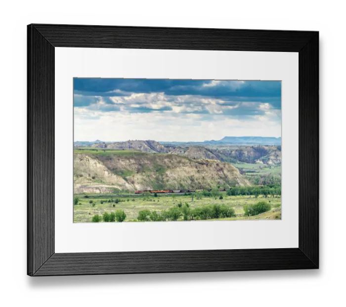 Framed Print : USA, North Dakota, Theodore Roosevelt National Park. Train passing through park