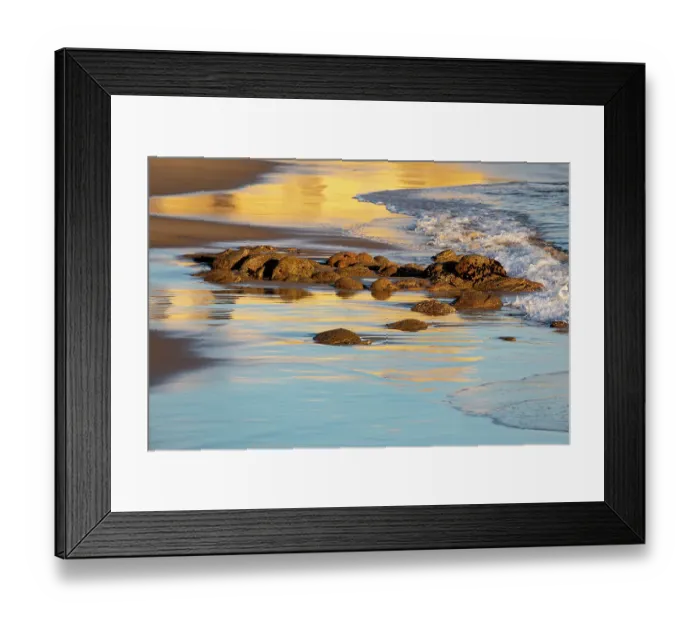 Framed Print : USA, California, Monterey. First light on with rocks at surf line reflection of blue and gold just off of the Coast Guard Pier in Monterey Bay Framed Print : USA, California, Monterey. First light on with rocks at surf line reflection of blue and gold just off of the Coast Guard Pier in Monterey Bay