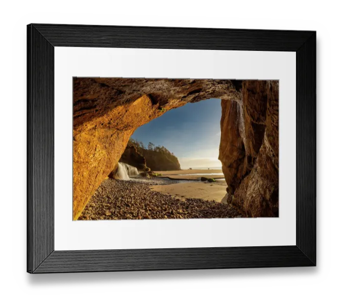 Framed Print : Fall Creek Waterfall from Cave at Hug Point near Cannon Beach, Oregon, USA Framed Print : Fall Creek Waterfall from Cave at Hug Point near Cannon Beach, Oregon, USA