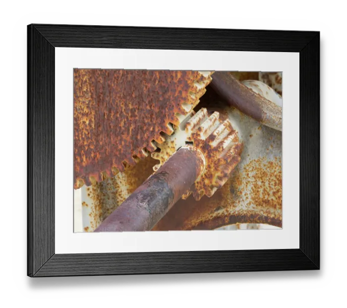 Framed Print : California, death Valley National Park. Borax Museum, Meshing gears detail close-up