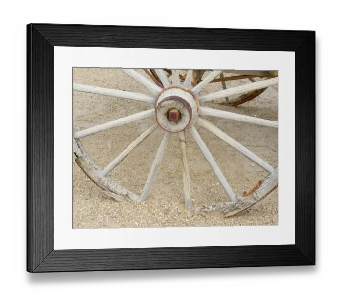 Framed Print : California, death Valley National Park. Borax Museum, wagon wheel and wheel hub detail