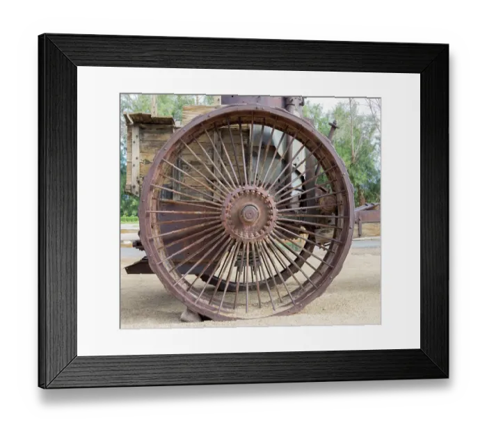Framed Print : California, death Valley National Park. Borax Museum, Old Dinah, 1894 steam tractor iron wheel detail Framed Print : California, death Valley National Park. Borax Museum, Old Dinah, 1894 steam tractor iron wheel detail