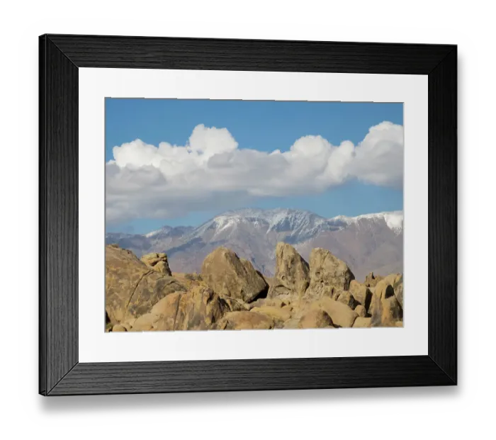 Framed Print : California, Alabama Hills. Weathered granite rock formations with the Inyo Mountains and clouds