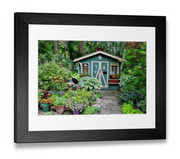 Framed Print : USA, Washington State, Sammamish. Garden and shed with potted flowers and hosta. (PR) Framed Print : USA, Washington State, Sammamish. Garden and shed with potted flowers and hosta. (PR)