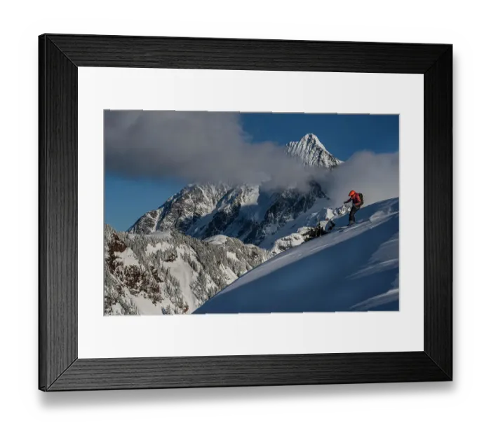 Framed Print : USA, Washington State. Skier enjoying powder with Mount Shuksan in background, Washington State. (MR) Framed Print : USA, Washington State. Skier enjoying powder with Mount Shuksan in background, Washington State. (MR)