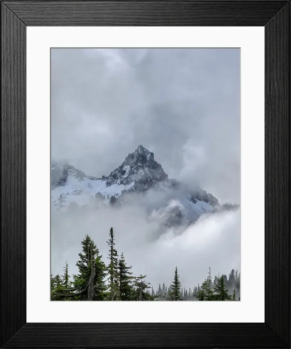 Framed Print : Washington State, Mount Rainier National Park. Tatoosh Range, Pinnacle Peak emerging from the clouds Framed Print : Washington State, Mount Rainier National Park. Tatoosh Range, Pinnacle Peak emerging from the clouds