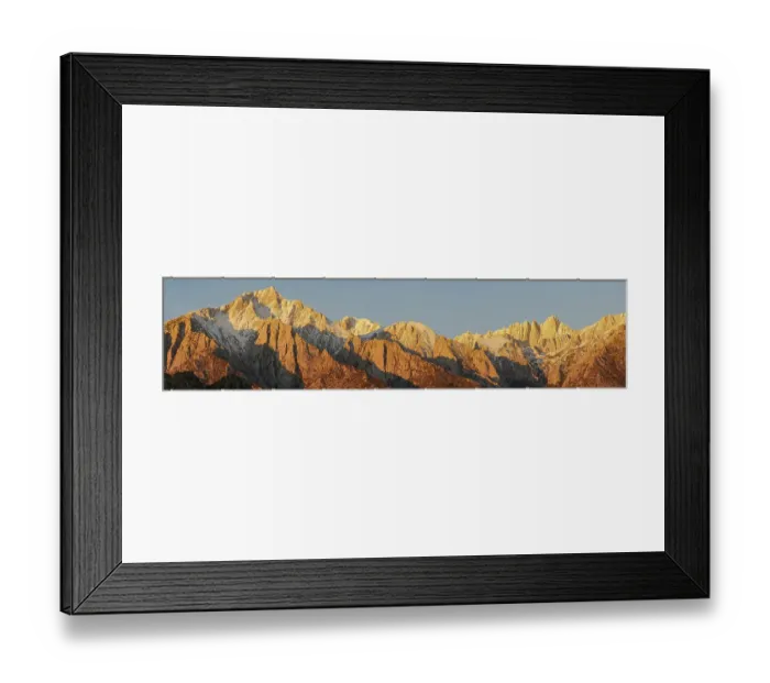 Framed Print : Panoramic Eastern Sierra Mountains at sunrise from Alabama Hills, Mt. Lone Pine left, Mount Whitney right, Eastern Sierras area, Sierra Nevada Mountains, Lone Pine, California