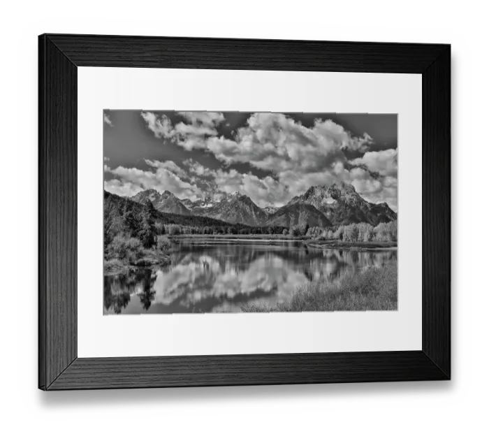 Framed Print : USA, Wyoming. Grand Tetons National Park Snake River viewed from Oxbow Bend with Tetons mountains in reflection in Black and White Framed Print : USA, Wyoming. Grand Tetons National Park Snake River viewed from Oxbow Bend with Tetons mountains in reflection in Black and White