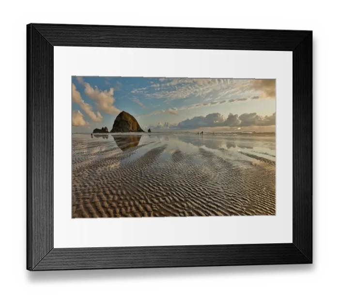 Framed Print : USA, Oregon, Cannon Beach. Sunset golden colors with ripples in sandy beach and The Haystack Rock Framed Print : USA, Oregon, Cannon Beach. Sunset golden colors with ripples in sandy beach and The Haystack Rock