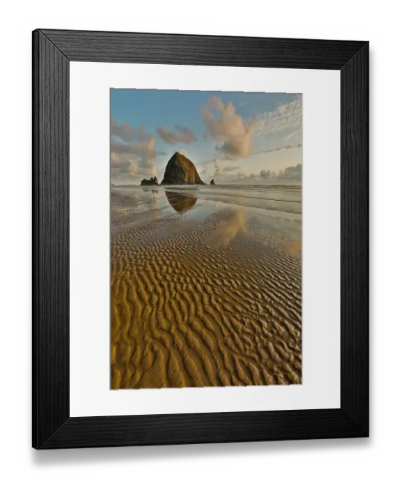 Framed Print : USA, Oregon, Cannon Beach. Sunset golden colors with ripples in sandy beach and The Haystack Rock Framed Print : USA, Oregon, Cannon Beach. Sunset golden colors with ripples in sandy beach and The Haystack Rock